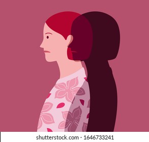Profile portrait of unhappy young woman who feels the approach of depression, represented as a dark silhouette. Visual metaphor for anxiety 