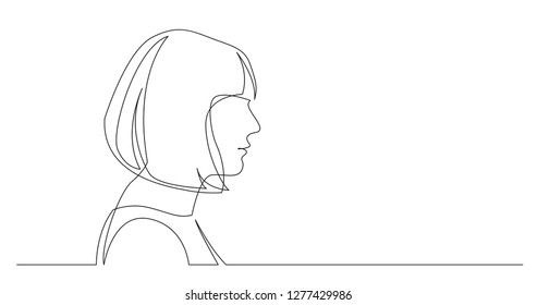 profile portrait of woman with bob haircut - continuous line drawing on white background