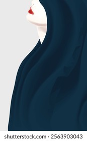 A profile portrait of a woman in a dark blue hooded cape is featured.