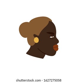 Profile portrait of a woman in vector. Illustration depicting african american girl with golden earring. Minimalist drawing.
