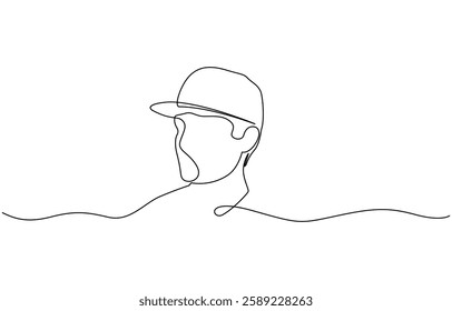 Profile portrait of a young man in a cap. One continuous line drawing of a guy in a cap, Young man in a cap one continuous line drawing. Guy wearing cap.