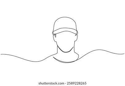 Profile portrait of a young man in a cap. One continuous line drawing of a guy in a cap, Young man in a cap one continuous line drawing. Guy wearing cap.