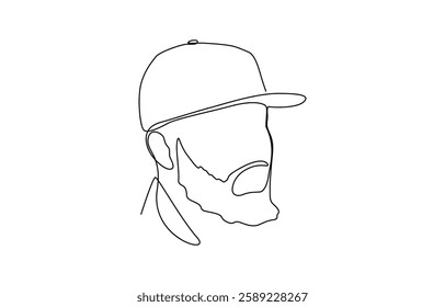 Profile portrait of a young man in a cap. One continuous line drawing of a guy in a cap, Young man in a cap one continuous line drawing. Guy wearing cap.