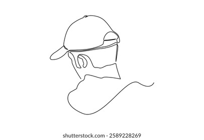 Profile portrait of a young man in a cap. One continuous line drawing of a guy in a cap, Young man in a cap one continuous line drawing. Guy wearing cap.