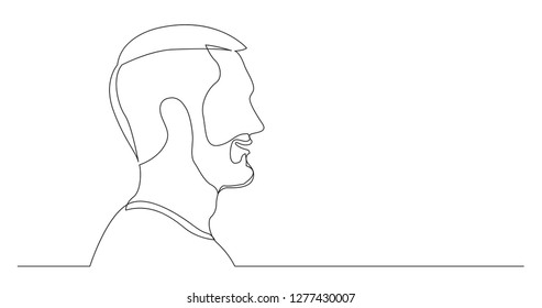 profile portrait of young talking bearded man - continuous line drawing on white background