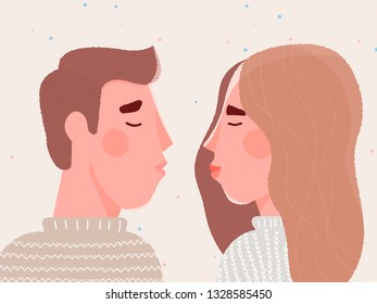 Profile portraite of young beautiful people in love while kissing each other with closed eyes. Happy st.Valentine day card. Vector illustration