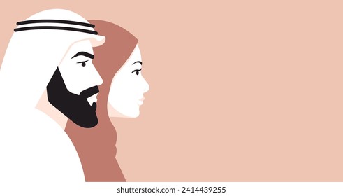 Retratos de perfil de una mujer árabe y un hombre que se quedan uno al lado del otro. Personas de etnia oriental ven retratos de cabeza y hombros. Banner horizontal con fondo azul.