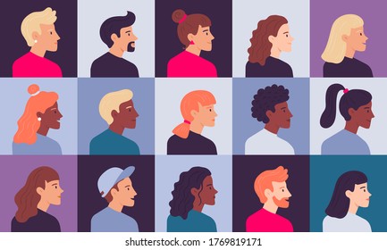 Profile portraits. Avatars female and male, woman and man, head face illustration vector, businesswoman cartoon hairstyle