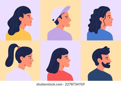 Profile portraits. Avatars female and male, woman and man, head face. Illustration of female head of people, male portrait face