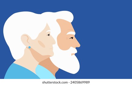 Profile portraits of a elderly man and woman. Blue backdrop. Beauty of age grace. Lifetime relationship, togetherness. Place for text.