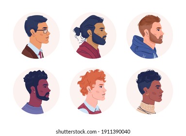 Profile portraits of multiracial men isolated flat cartoon people. Vector multicultural and multiethnic group, caucasian, afro american and arabian set. Mixed interracial community, guys side view