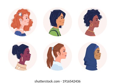 Profile portraits of multiracial women. Multicultural and multiethnic people. Caucasian, afro american, arab female personages. Mixed interracial community. Cartoon characters, vector in flat style