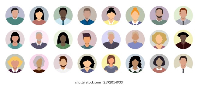 Profile portraits of people in a round frame. Set of female and male user faces. Unknown person. Anonymous profile. Vector illustrations.