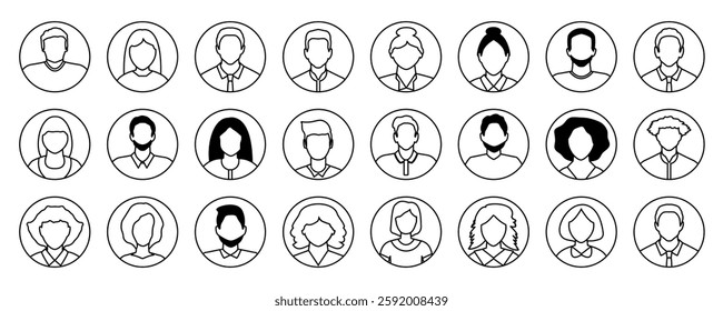 Profile portraits of people without color. Set of female and male user faces. Unknown person. Anonymous profile. Vector illustrations.