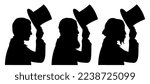 Profile portraits silhouettes of three Victorian men who take off their top hats.