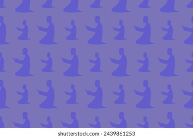 Profile of a praying man. Seamless vector pattern. Endless ornament for Ramadan. Isolated purple background. A man in a Muslim long shirt and skullcap is kneeling and raising his palms up. 