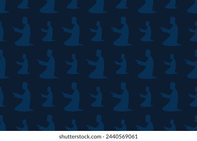 Profile of a praying man. Seamless vector pattern. Endless ornament for Ramadan. Isolated blue background. A man in a Muslim long shirt and skullcap is kneeling and raising his palms up. 