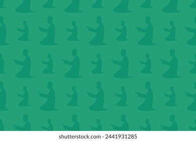 Profile of a praying man. Seamless vector pattern. Endless ornament for Ramadan. Isolated green background. A man in a Muslim long shirt and skullcap is kneeling and raising his palms up. 