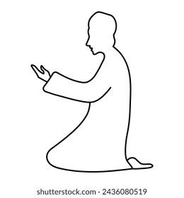 Profile of a praying man. Sketch. A man in a Muslim long shirt and skullcap is kneeling and raising his palms up. Vector illustration. Doodle style. Congratulations on Ramadan. 