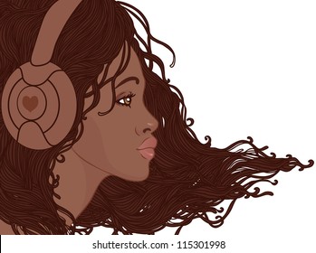 Profile Of Pretty African American Girl With Long Hair In Headphones