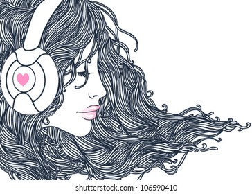 Profile of pretty girl with long hair in headphones