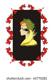 Profile of the red beauty with a peacock