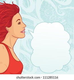 Profile of redhead talking girl with a speech bubble