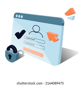 Profile registration. Login and password. A 3D model of a computer screen showing the account login start page. Vector graphics on a white background