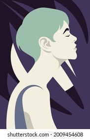 The profile of a relaxed young woman with a short haircut on the background of a night rainforest and the moon. The summer vacation. Vector flat illustration