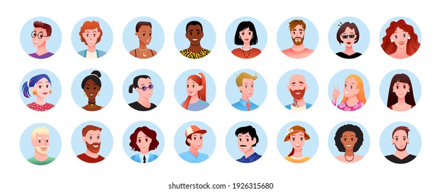 Profile round avatars, happy diversity people of different race and age vector illustration set. Cartoon portraits of diverse multinational man woman characters in circles collection isolated on white