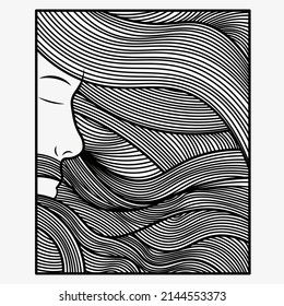 profile of a sad girl with flowing hair waving in the wind