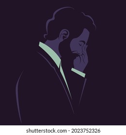 The profile of a sad man on a dark background. Depression and crisis. The businessman is desperate. A nervous breakdown. Vector flat illustration