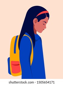 Profile of a sad schoolgirl with a backpack. Tired child after lessons. Vector flat illustration