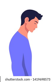 Profile of a sad young man with his head down. Errors and failures. Depression. Vector illustration in flat style on a white background.