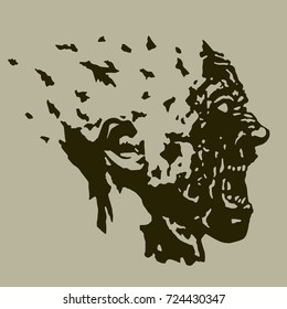 Profile of the screaming ghoul head with a torn face. Vector illustration. The horror genre.
