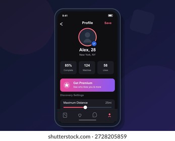 A profile screen displays information about Alex, 28 years old, from New York. The screen shows match statistics and social features for connecting with others.