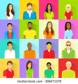 Profile Set Icon Avatar Mix Race Ethnic Man And Woman Portrait Casual Person Colorful Silhouette Face Flat Design Vector