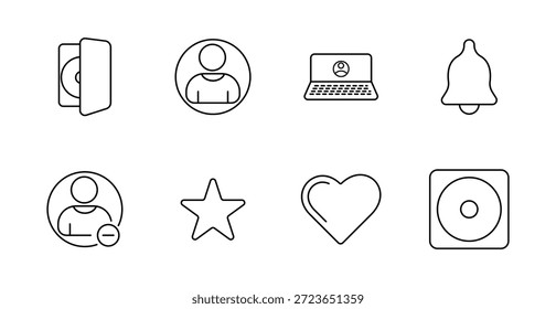 Ícone do conjunto de perfis. Cartão de identificação, avatar do usuário, login no laptop, sino, remover usuário, estrela, coração, disco, conta, classificação, favorito, notificação, identidade, contato, perfil.