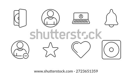 Profile set icon. ID card, user avatar, laptop login, bell, remove user, star, heart, disc, account, rating, favorite, notification, identity, contact, profile.