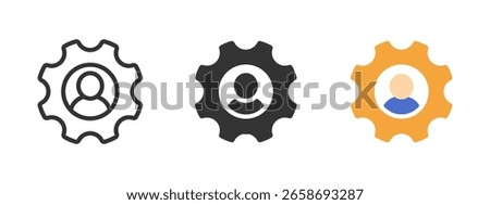 Profile settings icon. User avatar inside a gear representing account management and customization vector illustration. System preferences and admin control symbol. Interface optimization sign.