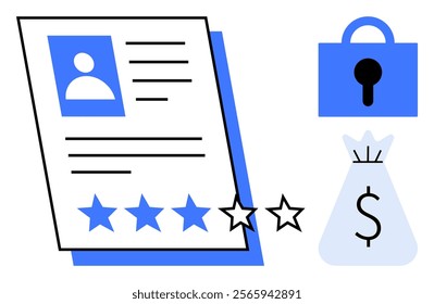 Profile sheet features a star rating system. A secured padlock and money bag icon next to the document. Ideal for business, finance, security, personnel evaluation, and data protection themes. Simple