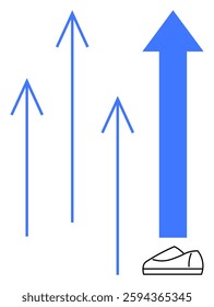 Profile of a shoe beneath four blue arrows rising in height. Ideal for business growth, progress, motivation, achievement, fitness, career advancement, and goal setting. Line metaphor