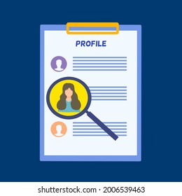 Profile of shortlisted candidate with a magnifying that zoom in the interesting candidate, human resource recruiter concept, HR manager’s job