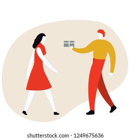 Profile side bottom view portrait of cheerful stylish couple, man giving packed gift box case air ballons to lover in modern white flat vector, celebrating