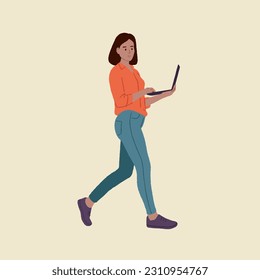 Profile side full-size editable vector illustration of excited lady girl walking and chatting on a laptop

