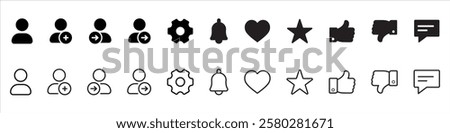 Profile, Signup, Login, Logout, Settings, Notification, Message, Favorite, Heart, Essential Icons and Trending Styles for Mobile Apps, Websites, and Software. Minimalistic, Flat Design, Line Icons.