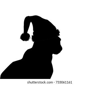 Profile silhouette of black cat in santa hat  isolated on white background. Vector illustration, icon, clip art. 