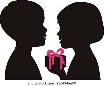 Profile silhouette of a boy and a girl holding a gift box
