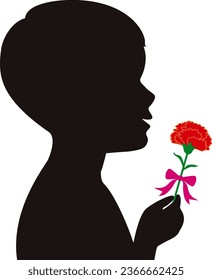 Profile silhouette of a boy holding a carnation for Mother's Day present