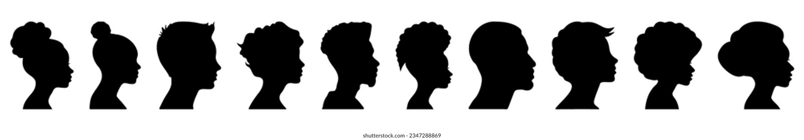 Profile silhouette faces of different people. Vector illustration isolated on white background
